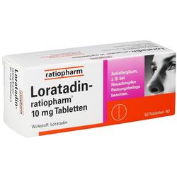 Eine Schachtel Loratadin-Tabletten von Ratiopharm zur Behandlung von Allergien.