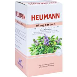 Eine Schachtel mit Heumann Magentee und Kräuterabbildungen auf der Vorderseite.