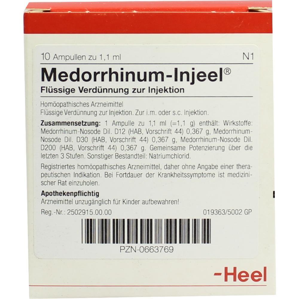 Eine Packung mit homöopathischen Injektionsampullen von Medorrhinum-Injeel.