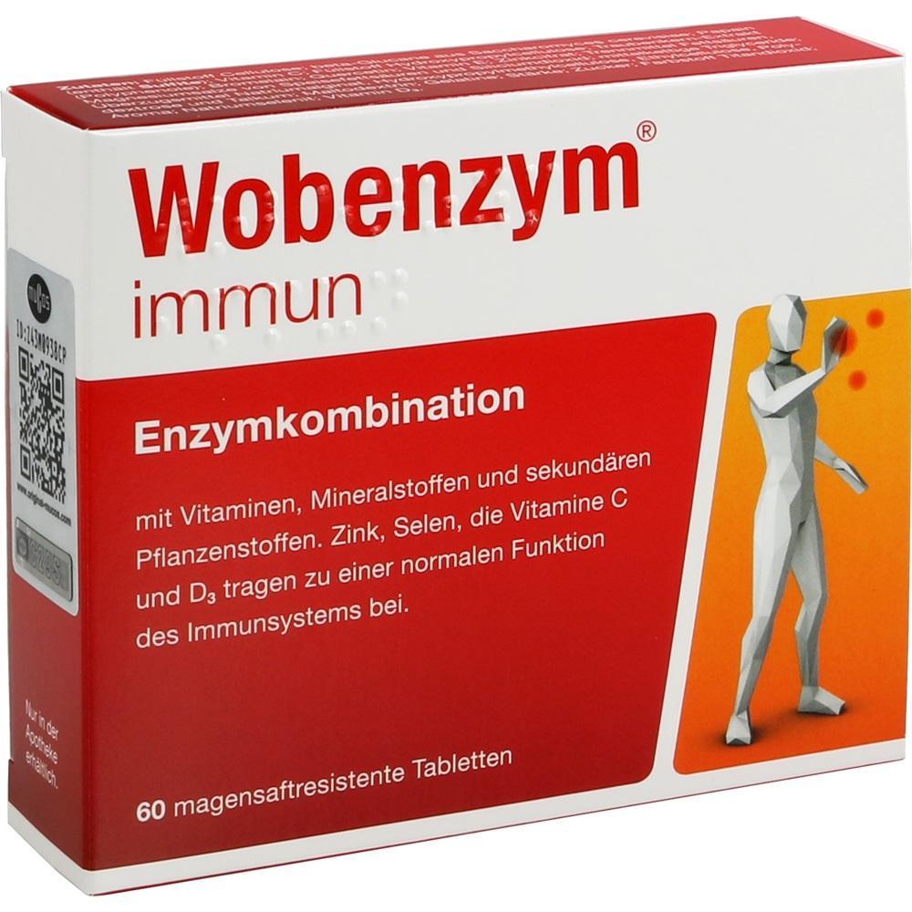 Schachtel von Wobenzym immun mit Abbildung einer Figur und rotem Design.