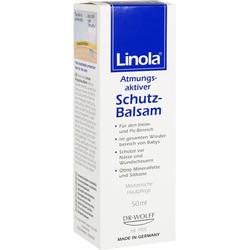Weiße Verpackung einer Linola Schutz-Balsam Creme für Hautpflege.
